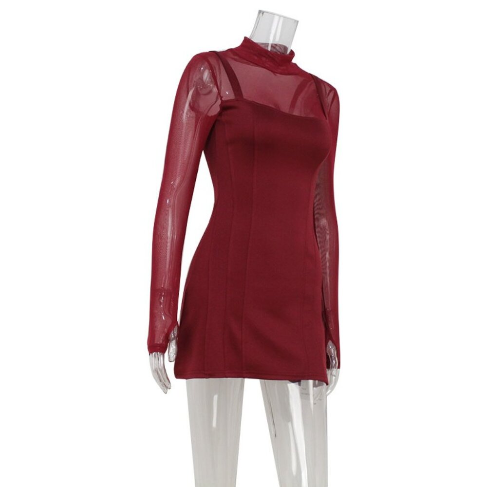 Chic Mesh Patchwork A-Line Dress | Sophisticated Sheer Detail Party Mini - Picture 4 of 6